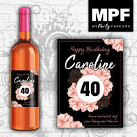 Personalised Birthday Wine Bottle Label - Any Name, Age & Message - Flowers (Pink)