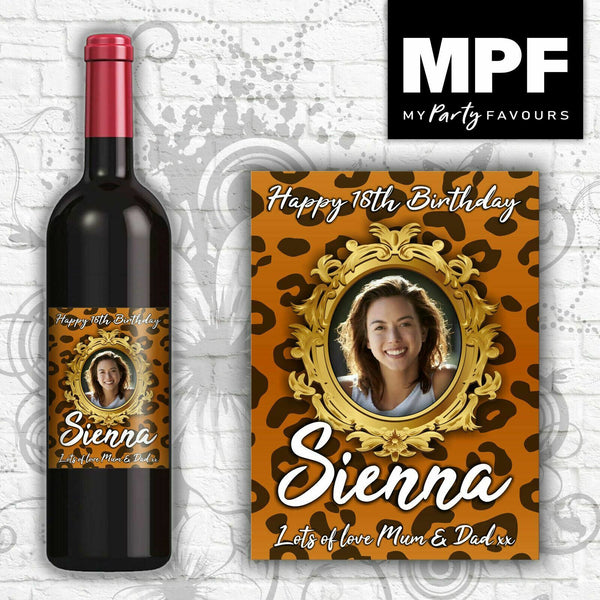Personalised Photo Birthday Wine Bottle Label (Leopard1) - Any Name/Age/Message