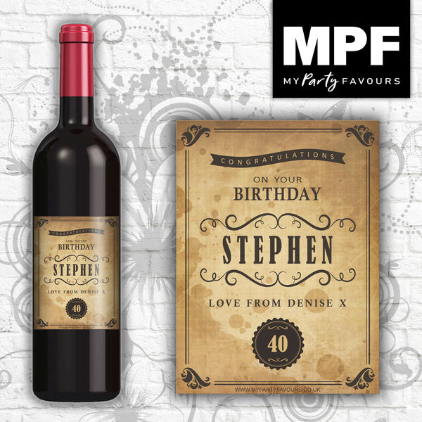 Personalised Birthday Wine Bottle Label (Vintage Stained Effect Shabby) - Novelty gift!