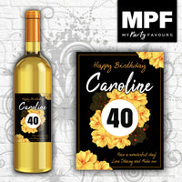 Personalised Birthday Wine Bottle Label - Any Name, Age & Message - Flowers (Gold)