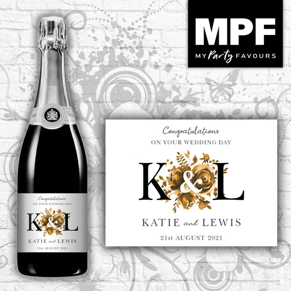 Personalised Wedding Champagne Bottle Label - Gold (Black Initials)