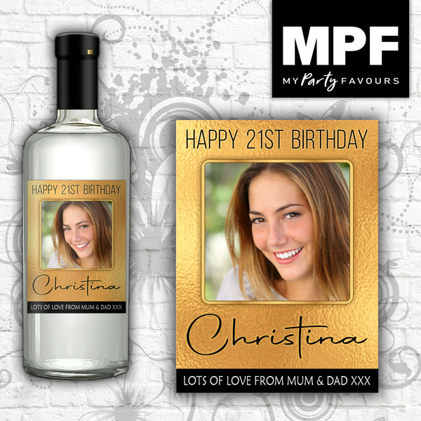 Personalised Birthday Photo Wine Gin Vodka Bottle Label (Gold Hammered)- 18th, 21st, 30th, 40th