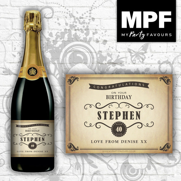Personalised Birthday Champagne/Prosecco Bottle Label (Vintage Effect Shabby)