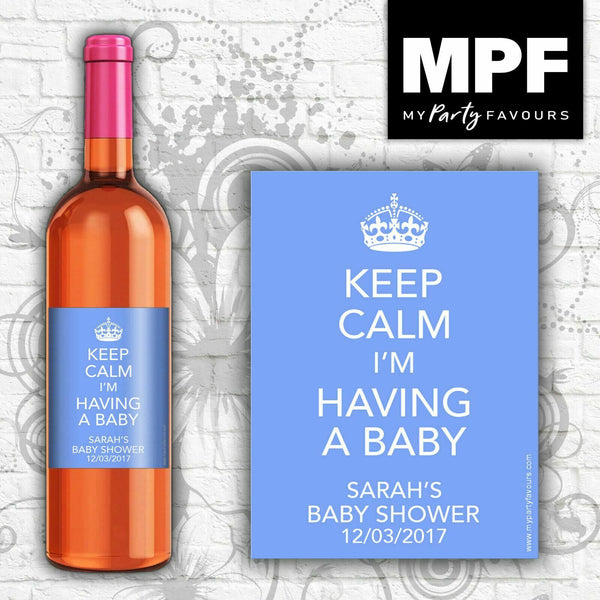 Personalised Baby Shower Wine Bottle Label - 'Keep Calm' - BLUE (Big 750ml)