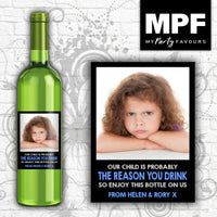 Personalised Photo Wine Bottle Label (Reason you drink - blue text) - Teacher Thank you Gift