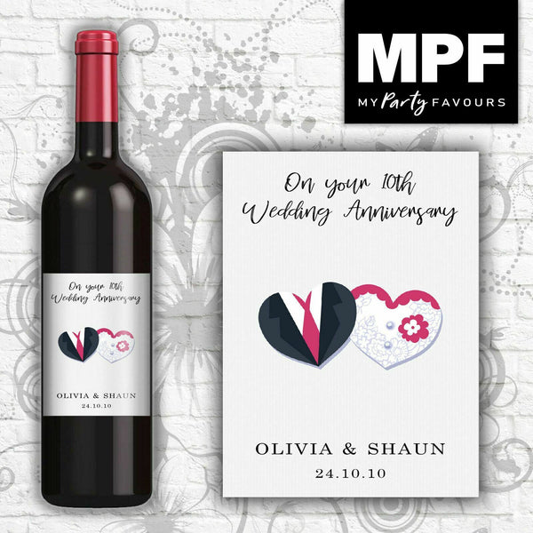 Personalised Wedding Anniversary Wine Bottle Label - Love Hearts - White