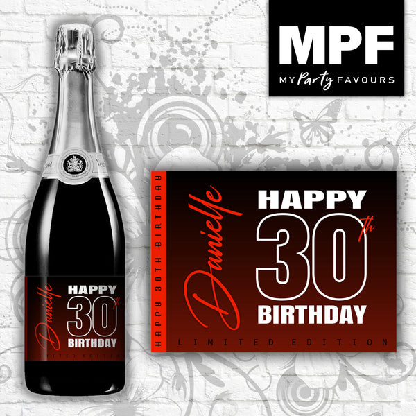 Personalised Birthday Champagne Bottle Label (Colours) (Red)- 18th, 21st, 30th, 40th