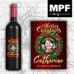 Personalised Photo Christmas Wine Bottle Label Gift (Wreath) - Any Name, Message & Photo