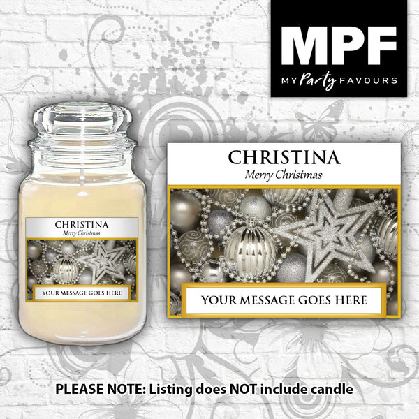 Personalised Christmas Candle Label/Sticker - Any Name & Message (Silver Baubles)