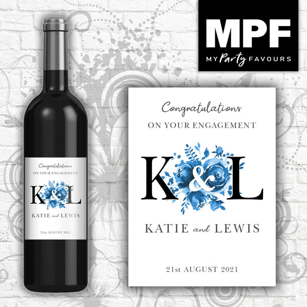 Personalised Engagement Wine Bottle Label (Black) - Blue