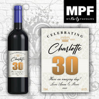 Personalised Birthday Wine Bottle Label - 18th, 21st, 30th, 40th (gold flock) (light border)