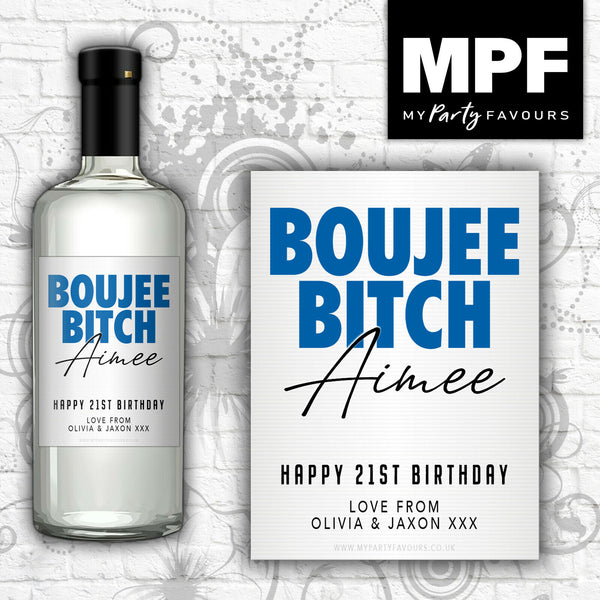 Personalised Birthday Gin Vodka Bottle Label 'Boujee Bitch' (Blue) -Any Age or Occasion
