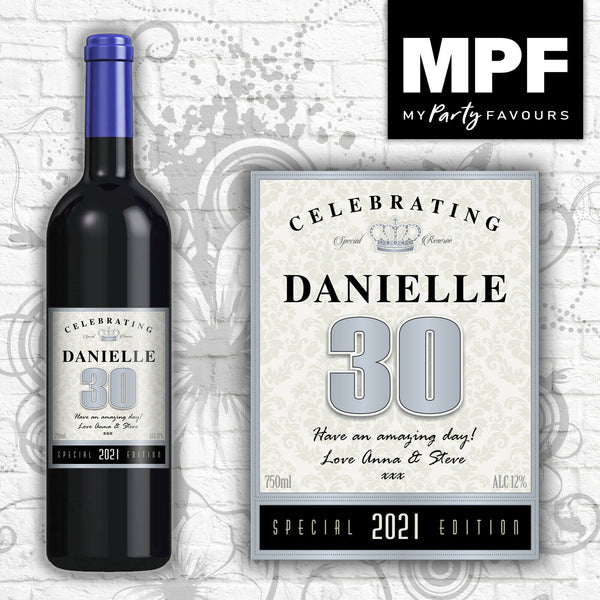 Personalised Birthday Wine Bottle Label 18th, 21st, 30th, 40th SILVER