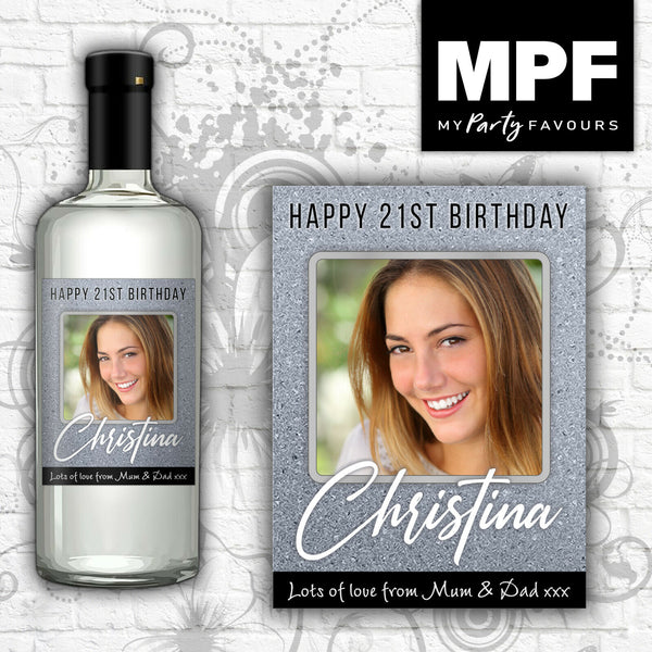 Personalised Birthday Photo Wine Gin Vodka Bottle Label - (Silver Glitter) 18th, 21st, 30th, 40th