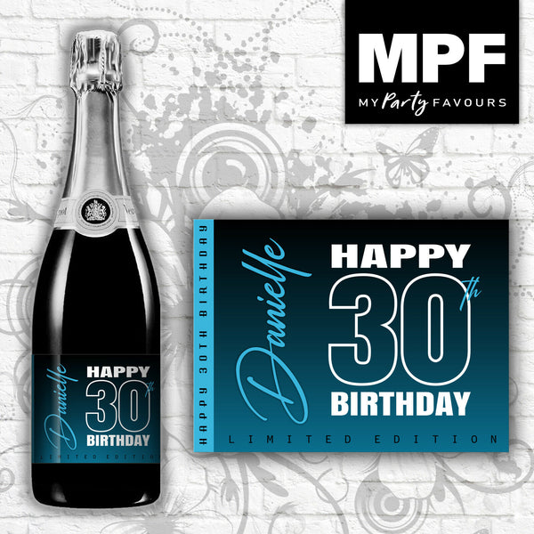 Personalised Birthday Champagne Bottle Label (Colours) (Blue)- 18th, 21st, 30th, 40th