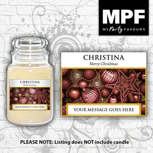 Personalised Christmas Candle Label/Sticker - Any Name & Message (Bronze Baubles)