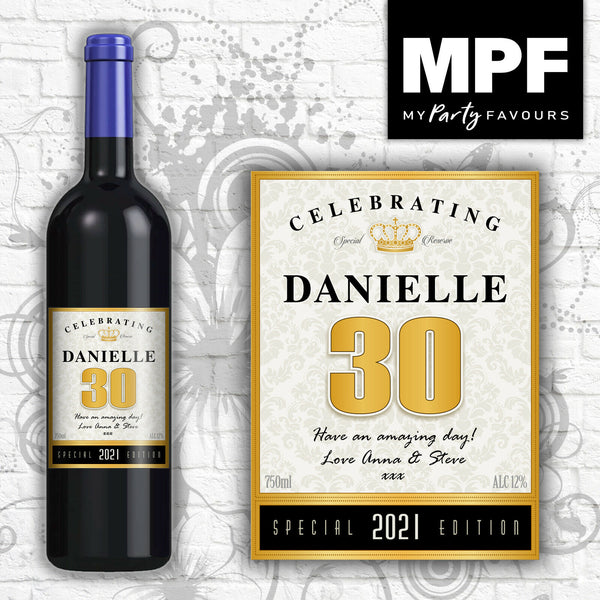 Personalised BIRTHDAY Wine Bottle Label 1 8th, 21st, 30th, 40th GOLD