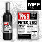 Personalised 1963 60th Birthday Wine/Gin/Vodka Bottle Label - Tabloid