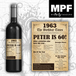 Personalised 1963 60th Birthday Wine/Gin/Vodka Bottle Label - Newspaper