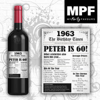 Personalised 1963 60th Birthday Wine/Gin/Vodka Bottle Label - Newspaper