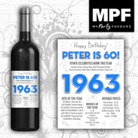 Personalised 1963 60th Birthday Wine/Gin/Vodka Bottle Label - Blue