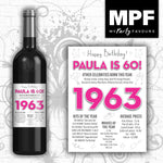 Personalised 1963 60th Birthday Wine/Gin/Vodka Bottle Label - Pink
