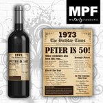 Personalised 1973 50th Birthday Wine/Gin/Vodka Bottle Label - Newspaper