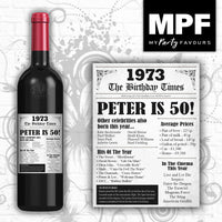 Personalised 1973 50th Birthday Wine/Gin/Vodka Bottle Label - Newspaper