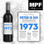 Personalised 1973 50th Birthday Wine/Gin/Vodka Bottle Label - Blue