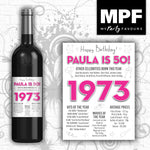 Personalised 1973 50th Birthday Wine/Gin/Vodka Bottle Label - Pink