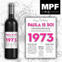 Personalised 1973 50th Birthday Wine/Gin/Vodka Bottle Label - Pink