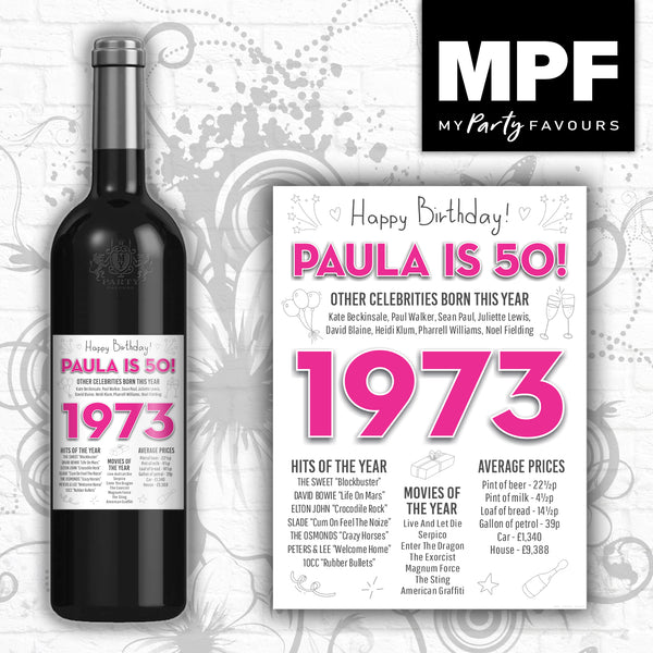 Personalised 1973 50th Birthday Wine/Gin/Vodka Bottle Label - Pink