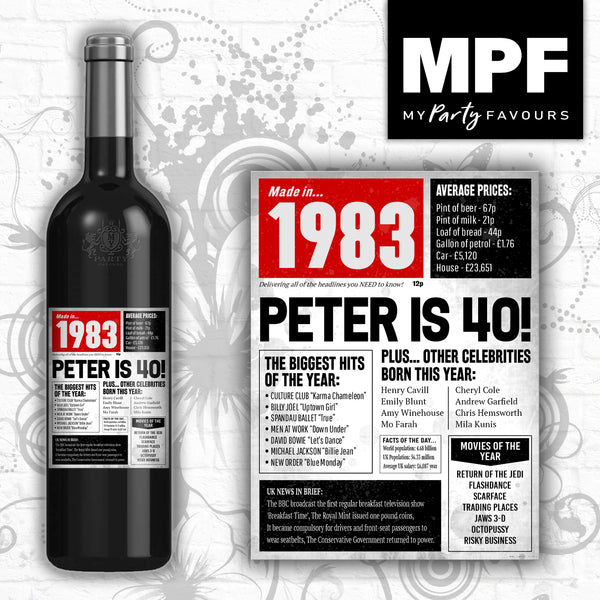Personalised 1983 40th Birthday Wine/Gin/Vodka Bottle Label - Tabloid
