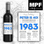 Personalised 1983 40th Birthday Wine/Gin/Vodka Bottle Label - Blue