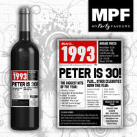 Personalised 1993 30th Birthday Wine/Gin/Vodka Bottle Label - Tabloid