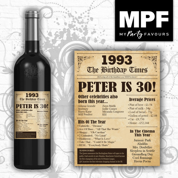 Personalised 1993 30th Birthday Wine/Gin/Vodka Bottle Label - Newspaper