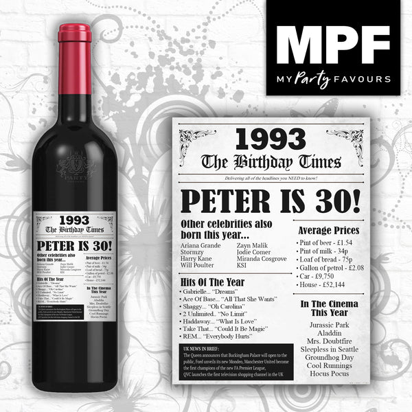 Personalised 1993 30th Birthday Wine/Gin/Vodka Bottle Label - Newspaper