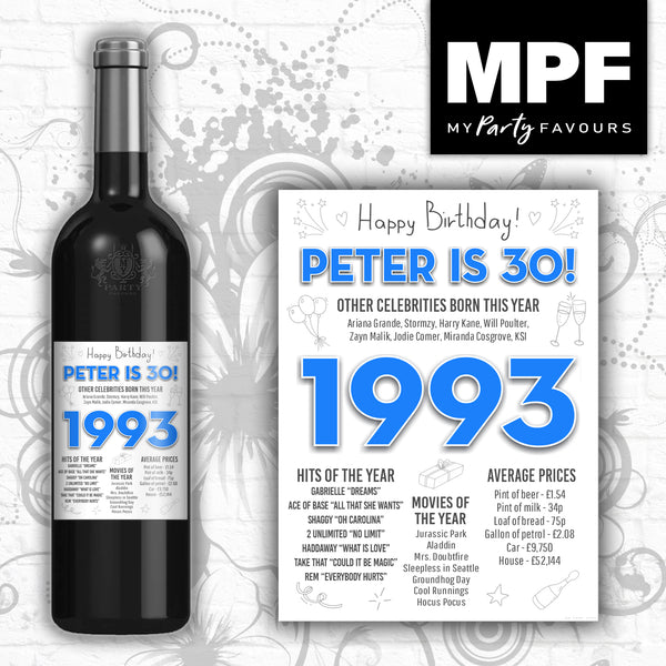 Personalised 1993 30th Birthday Wine/Gin/Vodka Bottle Label - Blue