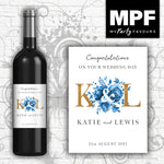 Personalised Wedding Wine Bottle Label - Blue (Gold Initials)