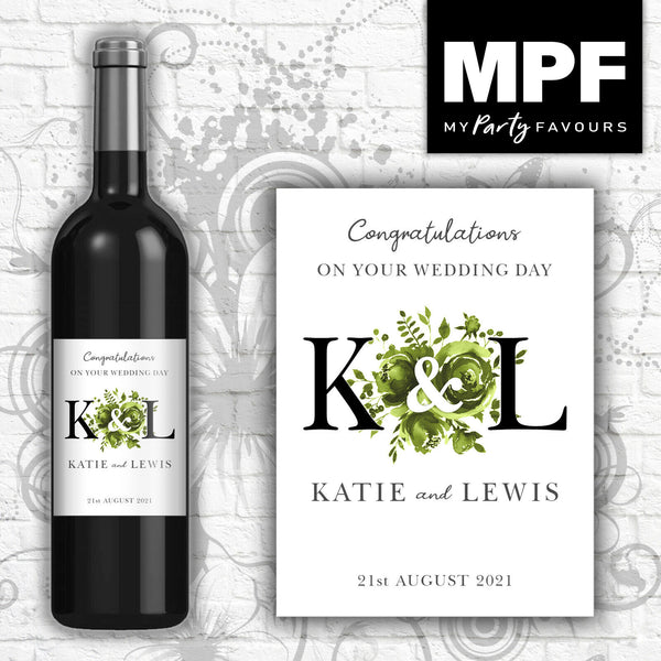 Personalised Wedding Wine Bottle Label - Green (Black Initials)