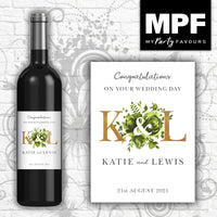 Personalised Wedding Wine Bottle Label - Green (Gold Initials)