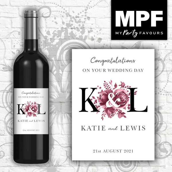 Personalised Wedding Wine Bottle Label - Plum (Black Initials)