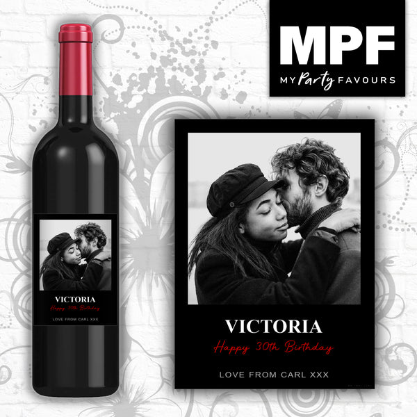 Personalised Photo Bottle Label - Wine Gin Vodka - Birthday - Black & White