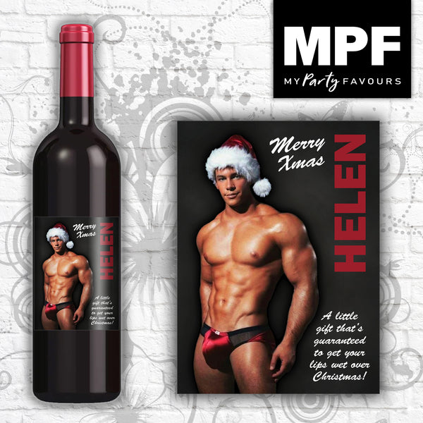 Personalised Christmas Sexy Santa Novelty Wine Bottle Label (Male)